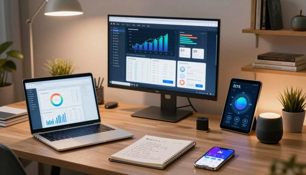 A modern workspace filled with AI tools for entrepreneurs, featuring a sleek laptop displaying a vibrant dashboard of analytics and planning tools. In the foreground, a notepad with handwritten notes and a smartphone showing an AI app interface. The middle ground showcases a large touchscreen monitor with graphs and smart assistant software visible, alongside various gadgets like a smart speaker and a tablet. The background includes shelves with books on entrepreneurship and AI, under soft, warm overhead lighting that creates an inviting atmosphere. The composition should have a professional yet creative feel, shot from a slightly elevated angle to capture the flow of the workspace, emphasizing innovation and focus.