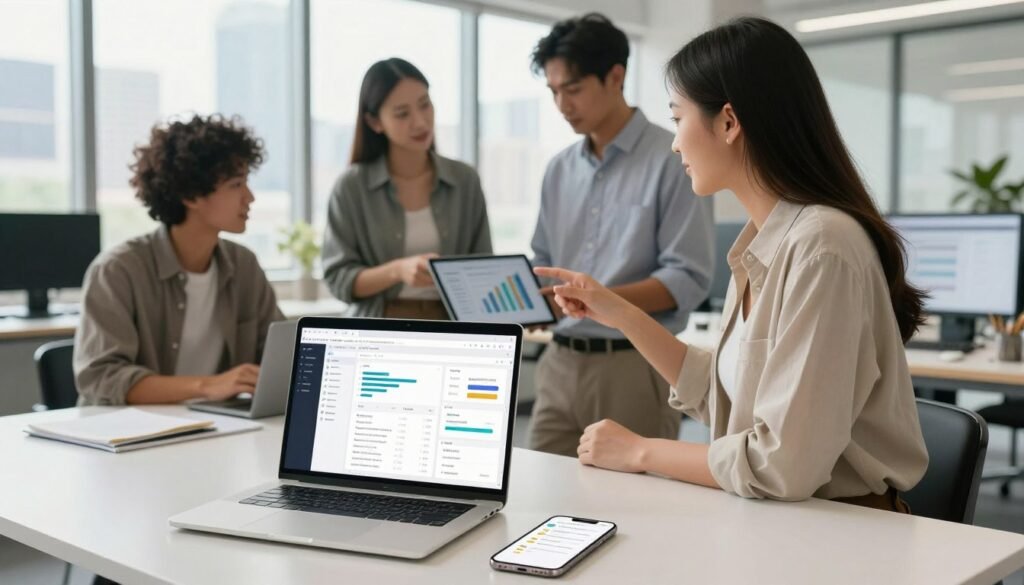 A modern workspace filled with essential AI tools for entrepreneurs. In the foreground, a sleek desk with a laptop displaying various AI software interfaces, like data analytics and project management tools. Beside the laptop, a smartphone with notifications related to business growth. In the middle, a diverse group of three professionals in smart casual attire discussing strategies. One is pointing at a digital tablet showcasing a graph. The background features large windows with city skyline views, bathed in soft, natural daylight, giving a sense of a bright, optimistic environment. The overall mood is dynamic and innovative, emphasizing collaboration and the advancement of technology in business. Aim for a high-angle shot that captures both the group and the workspace effectively.