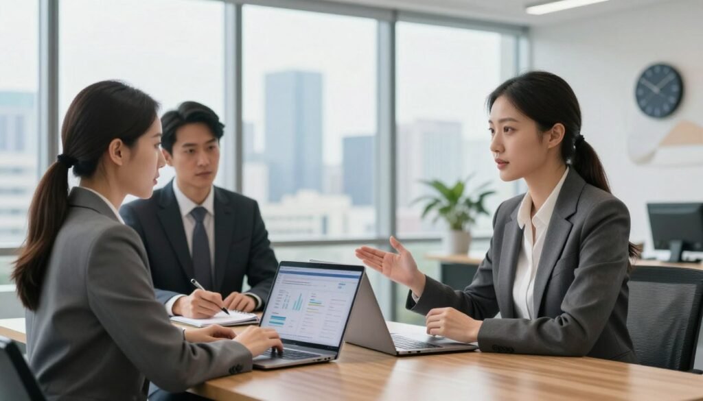 A professional, modern office environment showcasing a salary negotiation scene between two individuals. In the foreground, a confident woman in a tailored business suit sits at a sleek wooden table, actively presenting her case with a laptop open in front of her, displaying data analysis. Across from her, a man in smart business attire listens attentively while taking notes, showcasing engagement and respect. In the middle ground, a large window reveals a city skyline, bathed in soft natural light, adding a sense of openness and clarity. The background features subtle hints of technology, like a digital clock and abstract artwork, enhancing the atmosphere of a futuristic workspace. The mood is serious yet hopeful, capturing the essence of navigating salary discussions in the age of AI.