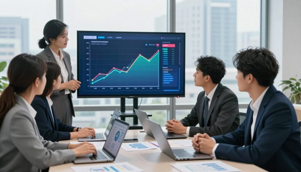 A professional, modern office setting with a diverse group of four business experts—two men and two women—engaged in a dynamic discussion about AI startup evaluations. In the foreground, a table cluttered with laptops, charts, and data reports. The middle ground features a large screen displaying a colorful graph that illustrates market trends in artificial intelligence. The background includes a large window with a cityscape view, bringing in natural light that creates a bright and optimistic atmosphere. The individuals are dressed in professional business attire, exuding focus and collaboration. The overall mood is one of strategic planning and forward-thinking, with a soft focus on the window to emphasize the lively discussion in the foreground. The image should evoke a sense of innovation and analysis in the AI sector. A professional, modern office setting with a diverse group of four business experts—two men and two women—engaged in a dynamic discussion about AI startup evaluations. In the foreground, a table cluttered with laptops, charts, and data reports. The middle ground features a large screen displaying a colorful graph that illustrates market trends in artificial intelligence. The background includes a large window with a cityscape view, bringing in natural light that creates a bright and optimistic atmosphere. The individuals are dressed in professional business attire, exuding focus and collaboration. The overall mood is one of strategic planning and forward-thinking, with a soft focus on the window to emphasize the lively discussion in the foreground. The image should evoke a sense of innovation and analysis in the AI sector.