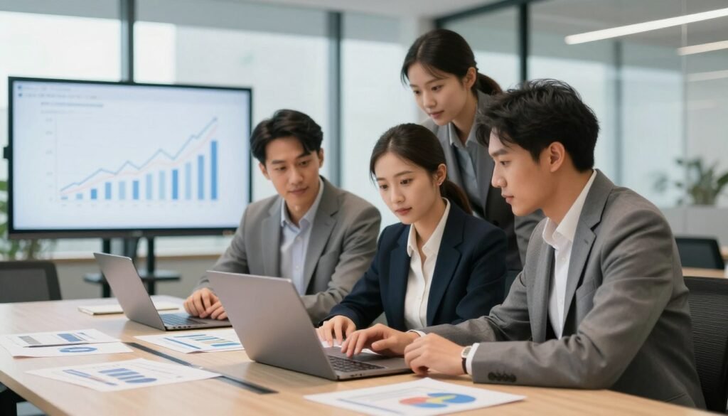 A professional workspace illustrating strategies for protecting and increasing income in the face of AI advancements. Foreground features a diverse group of three individuals, focused and collaborating over a laptop, dressed in smart business attire. The middle ground shows a large, well-lit conference table with charts and graphs depicting financial growth and market analysis. The background includes a modern office environment with large windows, allowing natural light to filter in, creating a hopeful and dynamic atmosphere. Use a soft focus for the background elements while keeping the group sharp and detailed. Aim for a warm, motivating mood with an emphasis on teamwork and innovation, symbolizing resilience in a changing economic landscape.