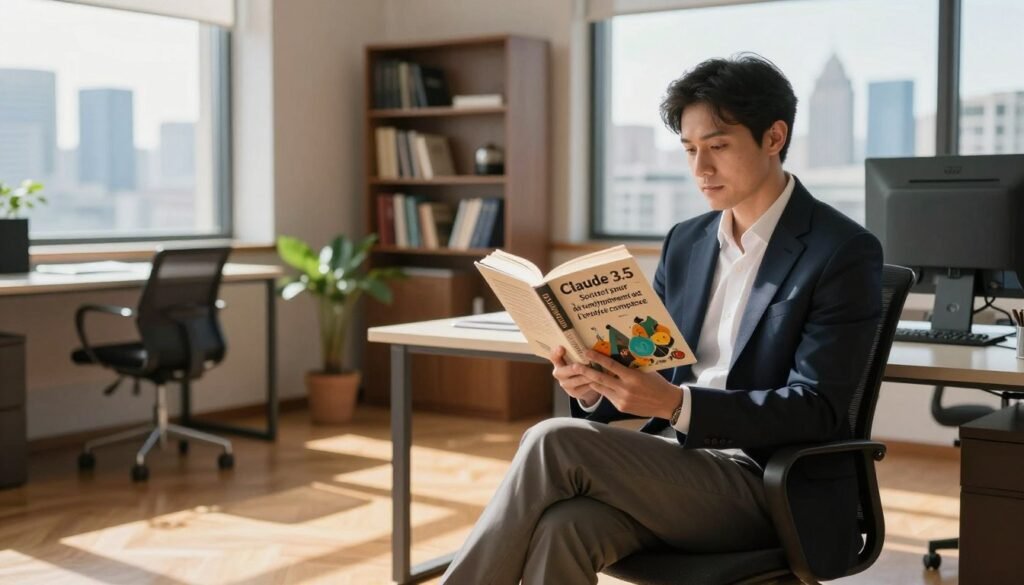 A serene office setting with a warm, inviting atmosphere. In the foreground, a professional businessperson dressed in smart attire sits at a sleek desk, deeply engaged in reading "Claude 3.5 Sonnet pour le développement et l'analyse complexe," a beautifully illustrated book resting open. Soft natural light filters through large windows, creating subtle shadows on the polished wooden floor. In the middle ground, shelves filled with books on AI and complex analysis add depth, while a small potted plant brings a touch of life to the scene. In the background, an elegant city skyline is visible through the windows, symbolizing the future of business and technology. The overall mood is inspirational and focused, showcasing a blend of creativity and intellect in the pursuit of knowledge.
