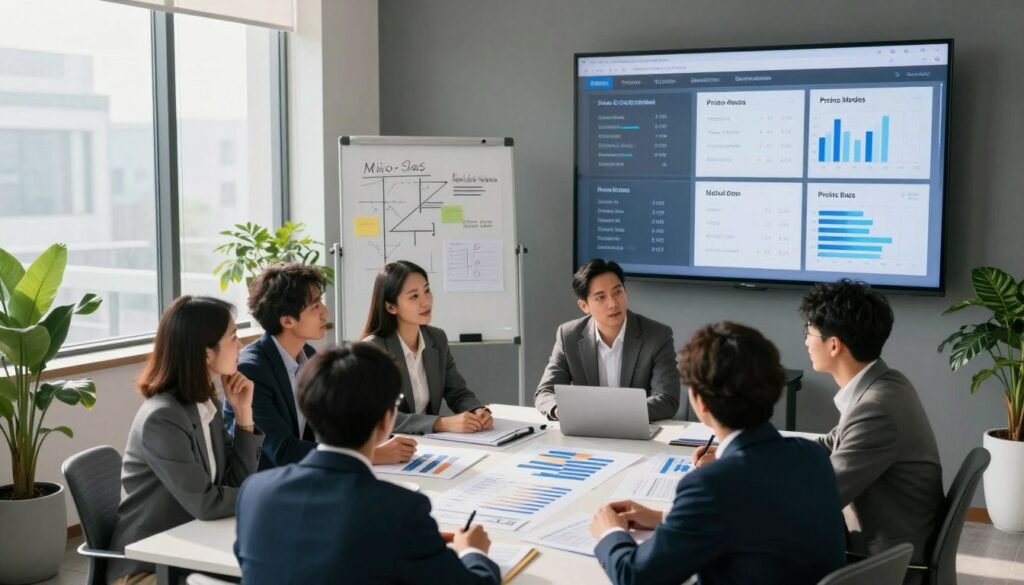 A sleek and modern office environment featuring a large digital screen displaying various pricing models. In the foreground, a diverse group of professionals, dressed in smart business attire, engages in a focused discussion around a table filled with charts and graphs. The middle ground showcases a whiteboard filled with notes and pricing strategies, surrounded by plants for a touch of greenery. The background includes large windows allowing natural light to flood the space, casting soft shadows. The overall mood is dynamic and collaborative, reflecting the strategic planning process of pricing models for Micro-SaaS businesses, emphasizing innovation and profitability in the tech landscape. The angle should be slightly elevated to capture the interaction between team members and the visual elements in the environment. A sleek and modern office environment featuring a large digital screen displaying various pricing models. In the foreground, a diverse group of professionals, dressed in smart business attire, engages in a focused discussion around a table filled with charts and graphs. The middle ground showcases a whiteboard filled with notes and pricing strategies, surrounded by plants for a touch of greenery. The background includes large windows allowing natural light to flood the space, casting soft shadows. The overall mood is dynamic and collaborative, reflecting the strategic planning process of pricing models for Micro-SaaS businesses, emphasizing innovation and profitability in the tech landscape. The angle should be slightly elevated to capture the interaction between team members and the visual elements in the environment.