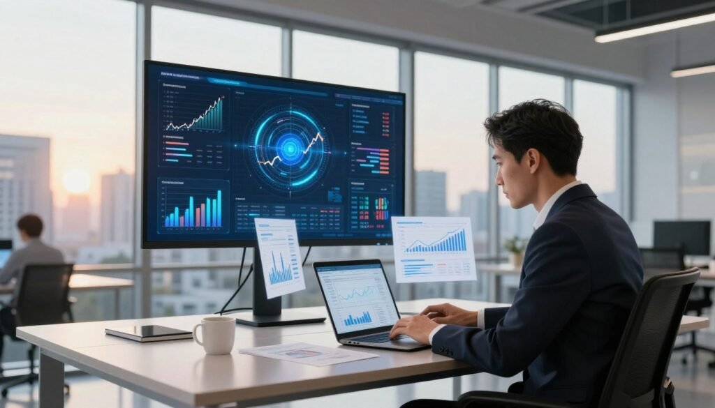 A sleek and modern office environment, in the foreground a focused business professional in smart attire, using a laptop surrounded by digital financial charts and graphs floating in the air. In the middle ground, a large screen displays dynamic data visualizations and AI algorithms for financial management. The background showcases a panoramic city view through large windows, bathed in warm, natural light that creates a bright, motivating atmosphere. The entire scene conveys a sense of innovation and sophistication, emphasizing the integration of AI in finance and accounting. The use of a wide-angle lens captures the workspace's expansiveness, highlighting both the human element and advanced technology seamlessly working together. A sleek and modern office environment, in the foreground a focused business professional in smart attire, using a laptop surrounded by digital financial charts and graphs floating in the air. In the middle ground, a large screen displays dynamic data visualizations and AI algorithms for financial management. The background showcases a panoramic city view through large windows, bathed in warm, natural light that creates a bright, motivating atmosphere. The entire scene conveys a sense of innovation and sophistication, emphasizing the integration of AI in finance and accounting. The use of a wide-angle lens captures the workspace's expansiveness, highlighting both the human element and advanced technology seamlessly working together.