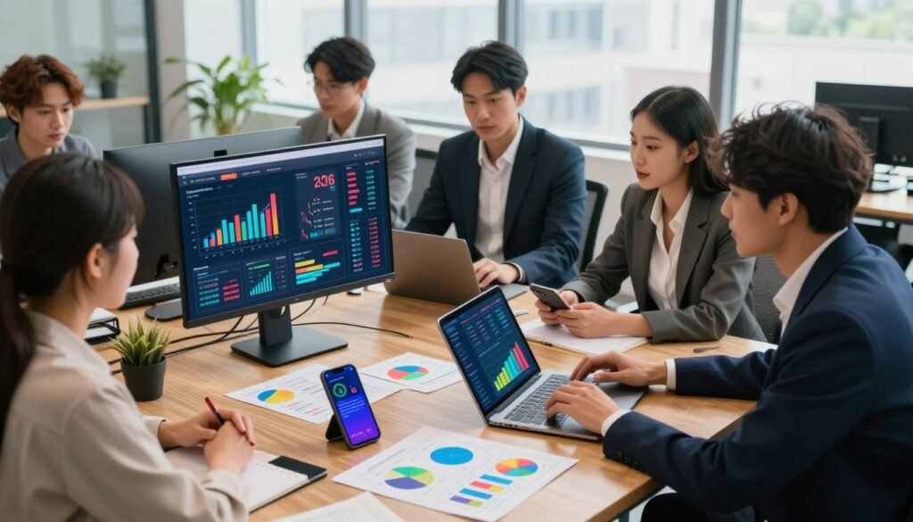 A sleek and modern workspace showcasing various digital marketing tools for 2026. In the foreground, a polished wooden desk is cluttered with colorful graphs and digital devices like smartphones and tablets displaying analytics. In the middle ground, a small group of diverse professionals wearing smart business attire collaborate, focused on a large monitor showcasing marketing data and strategies. The background features a bright office environment with large windows letting in natural light, giving a feeling of openness and innovation. Soft light enhances the vibrant colors of the tools while creating a professional and motivating atmosphere, ideal for boosting sales. The perspective is slightly angled from above to capture the dynamic interaction among team members.