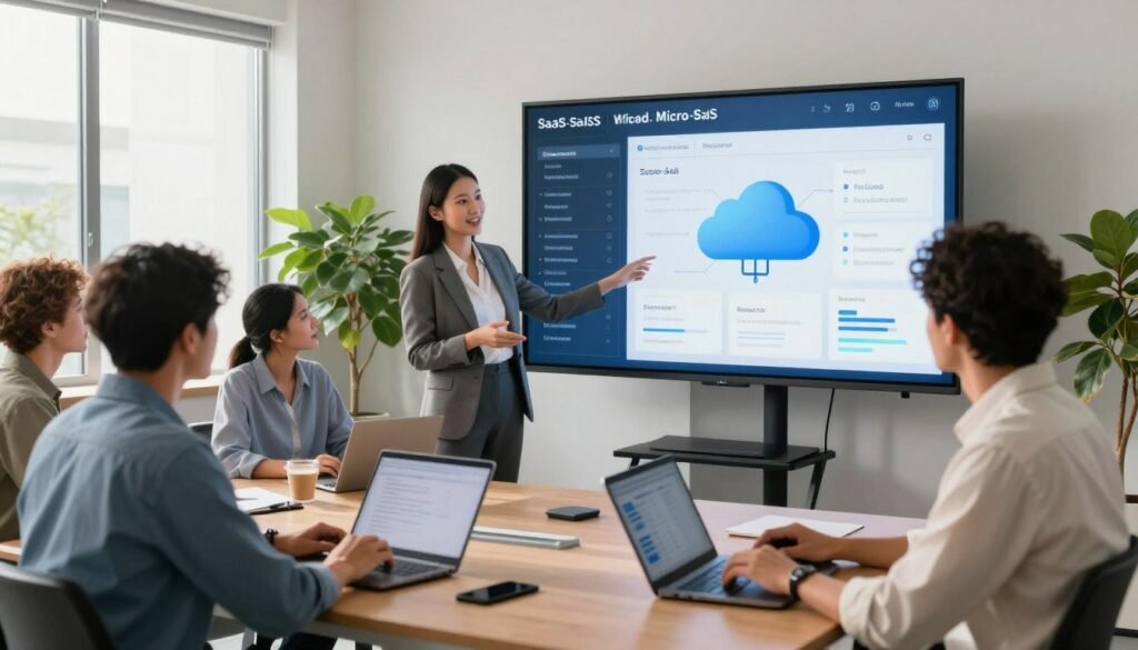 A sleek, modern office environment showcasing a team of five diverse professionals brainstorming in front of a large digital screen displaying SaaS and micro-SaaS software applications. In the foreground, a confident woman in business attire gestures towards the screen, while a man types on a laptop. In the middle, an interactive digital dashboard glows, illustrating analytics and cloud-based software solutions. The background features potted plants and large windows, allowing natural light to flood the space, creating a bright and inviting atmosphere. The overall mood is innovative and collaborative, emphasizing creativity and technology in software development. Use a wide-angle lens for depth and clarity, with soft, warm lighting that enhances the professional setting.