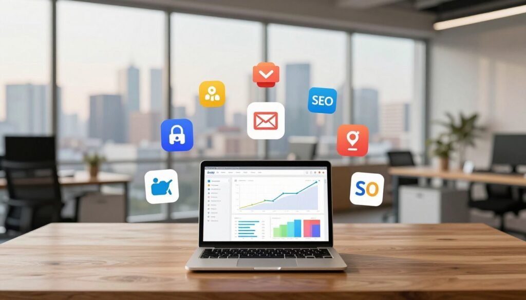A sleek workspace filled with modern digital marketing tools, positioned centrally in the foreground. Include a stylish laptop displaying analytics dashboards and metrics, surrounded by colorful graphs and charts with rising trends. In the middle layer, scatter vibrant icons representing various marketing platforms like social media, email marketing, and SEO tools, arranged neatly on a polished wooden desk. The background features a soft-focus office environment with an inspiring view of a city skyline through large windows, diffused natural light creating a warm atmosphere. The overall mood is professional and dynamic, reflecting innovation and strategic thinking. Use a wide-angle lens to capture the entire scene, emphasizing a sense of collaboration and productivity in the digital marketing space.