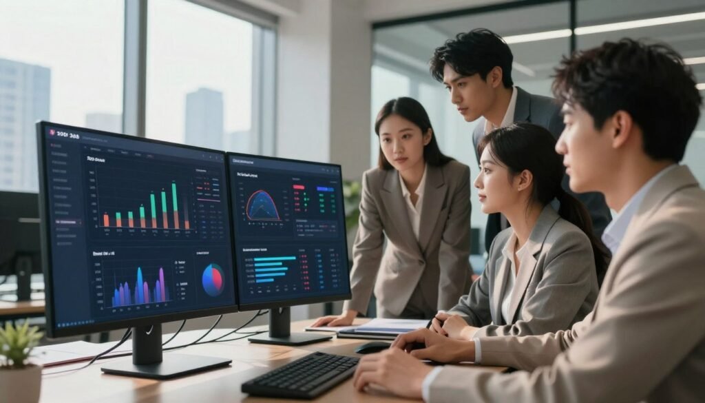 A strategic comparison of AI tools for content creation in 2026, depicted in a modern office setting. In the foreground, a sleek digital dashboard displaying graphs and metrics of various AI tools, emphasizing their ROI effectiveness. In the middle, diverse business professionals in smart attire analyzing the data together, with focused expressions. The background features large windows with a city skyline, representing innovation and progress. Soft, natural lighting streams in, casting gentle shadows and enhancing the professional atmosphere. The camera angle is slightly elevated, capturing both the dashboard and the engaged team, conveying a sense of collaboration and strategic planning in a contemporary workspace.