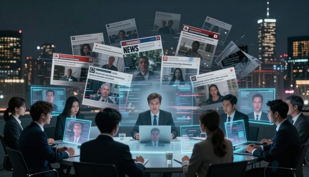A surreal depiction of "deepfakes and disinformation," featuring a digital landscape split into two contrasting halves. In the foreground, a diverse group of people in professional business attire is engaged in a discussion, surrounded by holographic screens displaying manipulated media and distorted faces, emphasizing the conflict of truth and falsehood. The middle section showcases a chaotic digital montage of news headlines morphing into false images, with shadows and glitch effects creating a sense of unease. In the background, a city skyline illuminated by flashing lights serves as a metaphor for the overwhelming nature of information in the digital age. Soft, eerie lighting creates a suspenseful and thought-provoking atmosphere, with a slightly blurred, artistic lens effect to enhance the mood of uncertainty and manipulation. A surreal depiction of "deepfakes and disinformation," featuring a digital landscape split into two contrasting halves. In the foreground, a diverse group of people in professional business attire is engaged in a discussion, surrounded by holographic screens displaying manipulated media and distorted faces, emphasizing the conflict of truth and falsehood. The middle section showcases a chaotic digital montage of news headlines morphing into false images, with shadows and glitch effects creating a sense of unease. In the background, a city skyline illuminated by flashing lights serves as a metaphor for the overwhelming nature of information in the digital age. Soft, eerie lighting creates a suspenseful and thought-provoking atmosphere, with a slightly blurred, artistic lens effect to enhance the mood of uncertainty and manipulation.