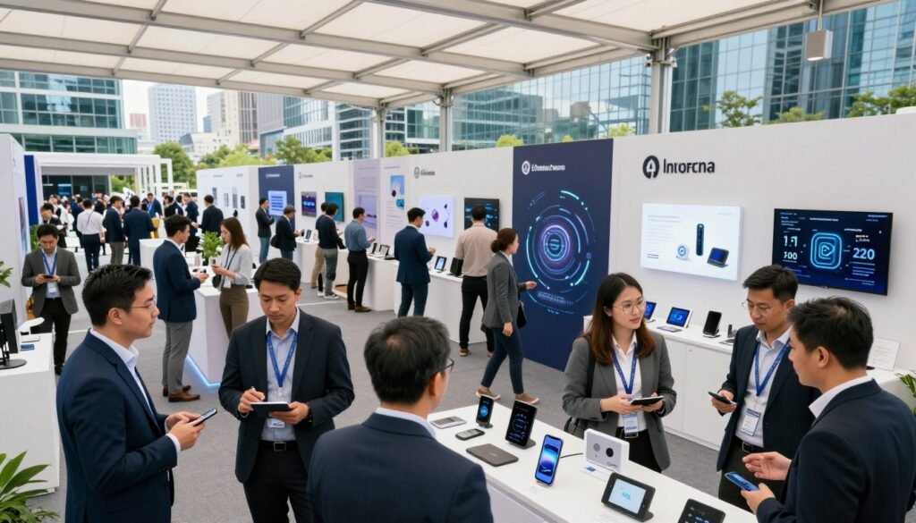 A vibrant, bustling startup market scene focusing on AI innovations set in 2026. In the foreground, diverse entrepreneurs in professional business attire are engaged in animated discussions, showcasing futuristic gadgets and tech demos. The middle ground features sleek booths with eye-catching graphics displaying AI products, while visitors interact, capturing ideas on digital notepads. In the background, a modern city skyline with glass buildings reflects the excitement and growth of the technology sector. Soft, natural light filters through a clear canopy above, creating an inviting atmosphere. The angle is slightly elevated to encompass the busy market layout, evoking a sense of energy and optimism amidst the backdrop of past technology bubbles.