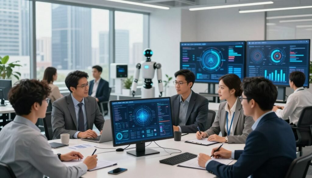 A vibrant, modern office environment focused on artificial intelligence strategy. In the foreground, a diverse group of professionals in business attire, engaged in a collaborative discussion over digital screens displaying data analytics and AI models. The middle ground features innovative tech equipment, like AI-driven robots and interactive displays, illustrating the concept of scaling a business through AI solutions. In the background, large windows showcase a futuristic city skyline, suggesting growth and opportunity. The lighting is bright and natural, creating an optimistic atmosphere, with a slight lens blur to enhance the focus on the team. The overall mood is one of innovation, teamwork, and future-focused strategy.