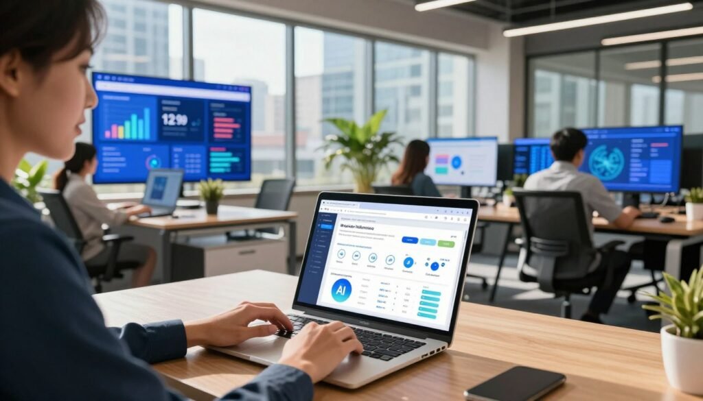 A vibrant, modern office setting showcasing automation in marketing for e-commerce. In the foreground, a professional businessperson in smart attire is using a laptop with a user-friendly interface displaying marketing analytics and AI tools. The middle ground features digital screens highlighting automated campaigns and performance metrics, surrounded by stylish office furniture and greenery. In the background, large windows reveal a bustling cityscape, reflecting innovation and progress. Bright, natural light pours in, casting a warm glow on the scene. The atmosphere is dynamic and optimistic, emphasizing collaboration and technological advancement. Capture this in a realistic, sharp style with a wide-angle perspective to convey depth, focusing on elements of connectivity and efficiency in a sleek design.