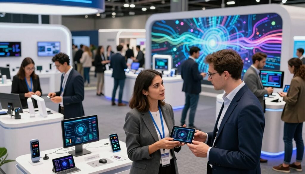 A vibrant scene at a bustling AI startup market featuring diverse entrepreneurs showcasing innovative technologies. In the foreground, two business professionals, a woman in a smart blazer and a man in a tailored suit, are engaged in conversation about a sleek gadget displaying data analytics. The middle ground showcases various booths with sleek, futuristic designs, filled with tech displays and interactive demos. In the background, a digital art installation reflects the theme of artificial intelligence, with colorful lights and fluid imagery symbolizing data flows. The atmosphere is energetic yet professional, with bright, focused lighting highlighting the products. The angle is slightly elevated, capturing the dynamic interactions and the hive of activity that embodies the future of AI.