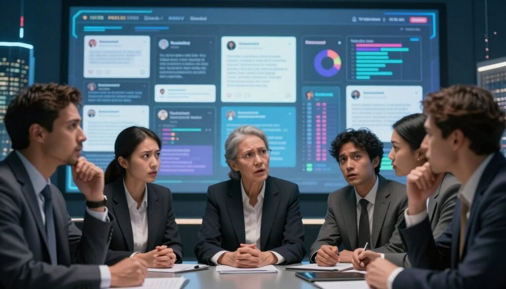 A visually compelling scene depicting the impact of AI on public opinion in a democratic context. In the foreground, a diverse group of professionals in business attire, engaged in a heated discussion, their expressions reflecting concern and intrigue. In the middle ground, a digital interface displaying an array of social media feeds, algorithms, and data visualizations, symbolizing filter bubbles. In the background, a stylized cityscape, hinting at the interconnectedness of technology and society. The lighting is soft yet dramatic, emphasizing the contrast between the vibrant screen and the serious expressions of the people. Capture a mood of tension and inquiry, evoking the complexities of perception shaped by technology. A visually compelling scene depicting the impact of AI on public opinion in a democratic context. In the foreground, a diverse group of professionals in business attire, engaged in a heated discussion, their expressions reflecting concern and intrigue. In the middle ground, a digital interface displaying an array of social media feeds, algorithms, and data visualizations, symbolizing filter bubbles. In the background, a stylized cityscape, hinting at the interconnectedness of technology and society. The lighting is soft yet dramatic, emphasizing the contrast between the vibrant screen and the serious expressions of the people. Capture a mood of tension and inquiry, evoking the complexities of perception shaped by technology.