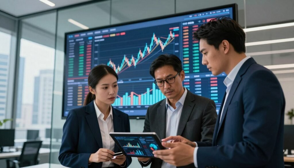 A visually striking corporate scene depicting the concept of AI company overvaluation. In the foreground, a diverse group of three professionals dressed in smart business attire are engaged in a serious discussion, analyzing charts and graphs on a digital tablet. The middle ground features a large display screen showcasing fluctuating stock prices and AI technology visuals, highlighting the volatility in the market. The background consists of a sleek, modern office environment with glass walls, city skyline visible through the windows, reflecting a sense of high stakes. The lighting is bright and focused, creating a tense yet contemplative atmosphere, emphasizing the urgency of financial decisions surrounding AI investments. The angle is slightly low to accentuate the subjects' expressions and the dynamic visuals behind them. A visually striking corporate scene depicting the concept of AI company overvaluation. In the foreground, a diverse group of three professionals dressed in smart business attire are engaged in a serious discussion, analyzing charts and graphs on a digital tablet. The middle ground features a large display screen showcasing fluctuating stock prices and AI technology visuals, highlighting the volatility in the market. The background consists of a sleek, modern office environment with glass walls, city skyline visible through the windows, reflecting a sense of high stakes. The lighting is bright and focused, creating a tense yet contemplative atmosphere, emphasizing the urgency of financial decisions surrounding AI investments. The angle is slightly low to accentuate the subjects' expressions and the dynamic visuals behind them.