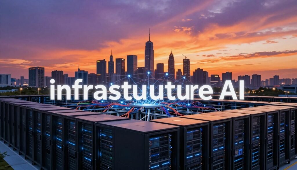 A visually striking representation of "infrastructure AI," featuring a modern, high-tech data center in the foreground, filled with sleek servers and glowing racks, exuding a sense of technological sophistication. In the middle ground, complex wiring and digital networks seamlessly integrate into a city skyline, symbolizing connectivity and AI infrastructure's impact on urban environments. The background showcases a dynamic sunset sky with gradients of orange and purple, casting warm light over the scene, highlighting the advanced architecture. Utilize a wide-angle lens to create depth, emphasizing the scale of the data center against the skyline. The mood is optimistic and forward-looking, reflecting innovation and strategic growth in AI infrastructure investments. No text, logos, or overlays.