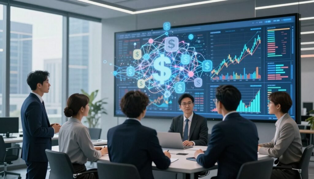 A visually striking representation of the structural limitations of AI models in finance, set in a modern, sleek corporate office. In the foreground, a diverse group of professionals in business attire—two men and two women—are engaged in a discussion over a large digital screen displaying complex data analytics and financial graphs. In the middle ground, an array of financial symbols (like dollar signs, graphs, and algorithms) merge with an abstract representation of neural networks. The background shows a city skyline through large glass windows, suggesting a bustling financial hub. The lighting is bright, with a cool blue hue to convey a sense of technology and urgency. The atmosphere is serious and contemplative, inviting viewers to reflect on the challenges of AI in predicting financial crises. A visually striking representation of the structural limitations of AI models in finance, set in a modern, sleek corporate office. In the foreground, a diverse group of professionals in business attire—two men and two women—are engaged in a discussion over a large digital screen displaying complex data analytics and financial graphs. In the middle ground, an array of financial symbols (like dollar signs, graphs, and algorithms) merge with an abstract representation of neural networks. The background shows a city skyline through large glass windows, suggesting a bustling financial hub. The lighting is bright, with a cool blue hue to convey a sense of technology and urgency. The atmosphere is serious and contemplative, inviting viewers to reflect on the challenges of AI in predicting financial crises.