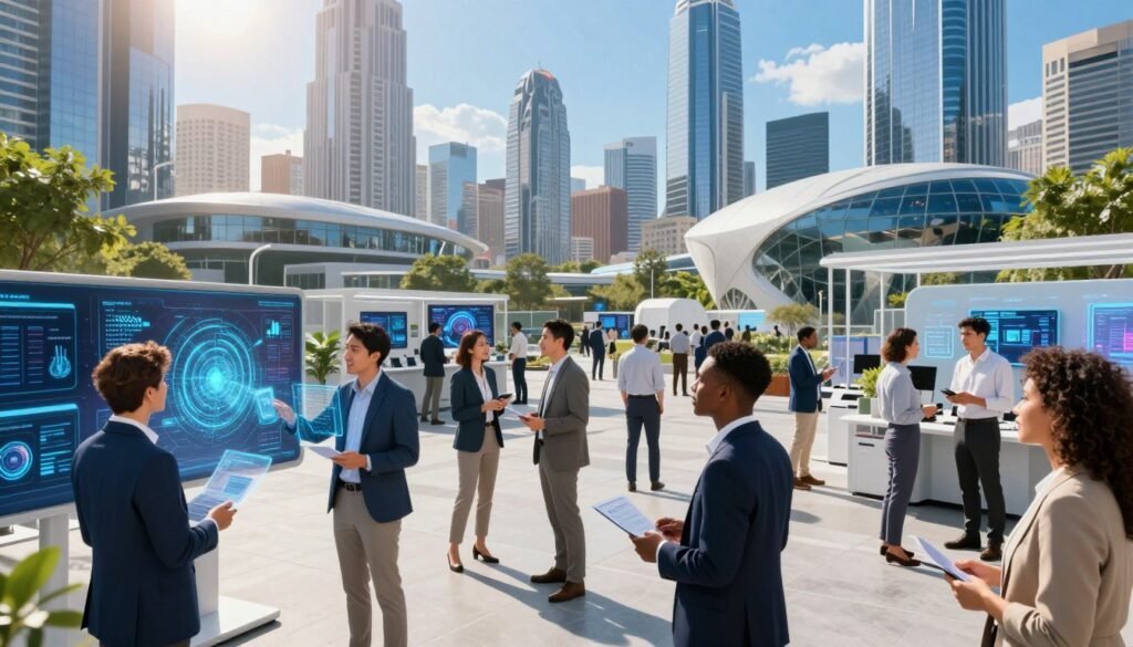 An American AI ecosystem scene showcasing a vibrant urban landscape, with futuristic skyscrapers and tech hubs in the background. In the foreground, diverse professionals of different ethnicities, dressed in smart business attire, collaborate over advanced AI technology displayed on interactive screens and holograms. The middle ground features bustling tech start-ups, with innovation labs and researchers engaging in discussions, emphasizing the private sector's pivotal role. Sunlight filters through a clear blue sky, casting dynamic shadows and highlighting the energy of innovation. The atmosphere is optimistic and progressive, representing a hub of creativity and technological advancement, with clear lines and vivid colors that embody the spirit of American ingenuity. An American AI ecosystem scene showcasing a vibrant urban landscape, with futuristic skyscrapers and tech hubs in the background. In the foreground, diverse professionals of different ethnicities, dressed in smart business attire, collaborate over advanced AI technology displayed on interactive screens and holograms. The middle ground features bustling tech start-ups, with innovation labs and researchers engaging in discussions, emphasizing the private sector's pivotal role. Sunlight filters through a clear blue sky, casting dynamic shadows and highlighting the energy of innovation. The atmosphere is optimistic and progressive, representing a hub of creativity and technological advancement, with clear lines and vivid colors that embody the spirit of American ingenuity.