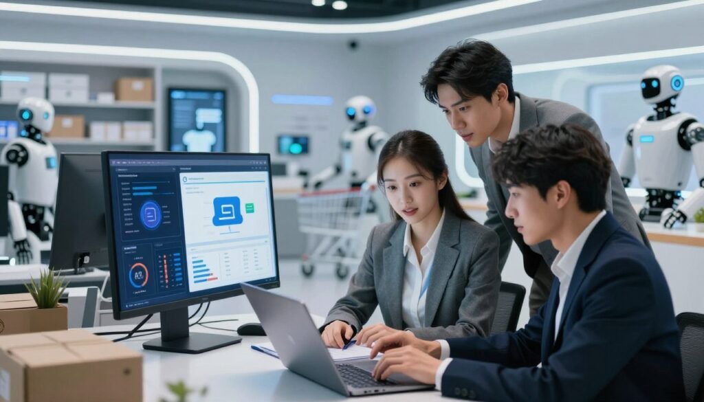 An advanced e-commerce scene showcasing AI technology in action. In the foreground, a diverse group of three professionals—one woman and two men—dressed in professional business attire, are collaborating on a sleek laptop, analyzing data and sales metrics. In the middle ground, a modern digital display showcases various AI-driven tools, like chatbots and analytics dashboards, illustrating automation in e-commerce. In the background, a futuristic shop environment with robotic assistants stocking shelves and smart shopping carts highlights innovation. Bright, focused lighting accentuates the active workspace, while a soft blurred effect on the background adds depth. The overall atmosphere conveys productivity, advancement, and efficiency in the e-commerce realm for 2026. An advanced e-commerce scene showcasing AI technology in action. In the foreground, a diverse group of three professionals—one woman and two men—dressed in professional business attire, are collaborating on a sleek laptop, analyzing data and sales metrics. In the middle ground, a modern digital display showcases various AI-driven tools, like chatbots and analytics dashboards, illustrating automation in e-commerce. In the background, a futuristic shop environment with robotic assistants stocking shelves and smart shopping carts highlights innovation. Bright, focused lighting accentuates the active workspace, while a soft blurred effect on the background adds depth. The overall atmosphere conveys productivity, advancement, and efficiency in the e-commerce realm for 2026.