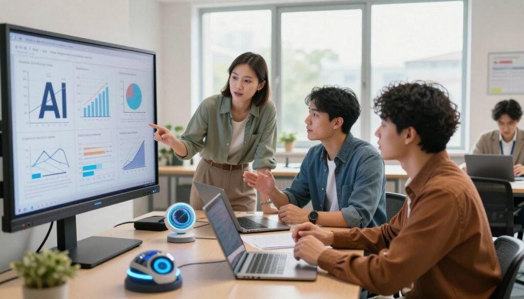 An engaging classroom setting focused on artificial intelligence education, featuring a diverse group of three professional individuals—one man and two women—wearing business casual attire. In the foreground, a large interactive digital screen displays AI concepts, with graphs and diagrams. The middle ground shows the individuals intensely discussing and collaborating, surrounded by laptops and futuristic learning tools, highlighting teamwork and innovation. In the background, large windows allow natural light to flood the space, creating an uplifting atmosphere. The scene conveys a sense of active learning and forward-thinking, with a warm color palette to enhance the mood of optimism and growth, captured from a slightly elevated angle to portray the dynamics of the learning environment.