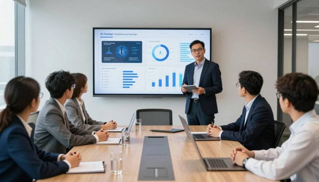 Consultant en intelligence artificielle présentant des stratégies à des clients en entreprise