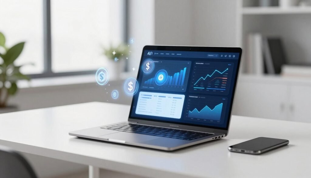 Personne travaillant sur ordinateur avec des icônes d'intelligence artificielle et de revenus en ligne