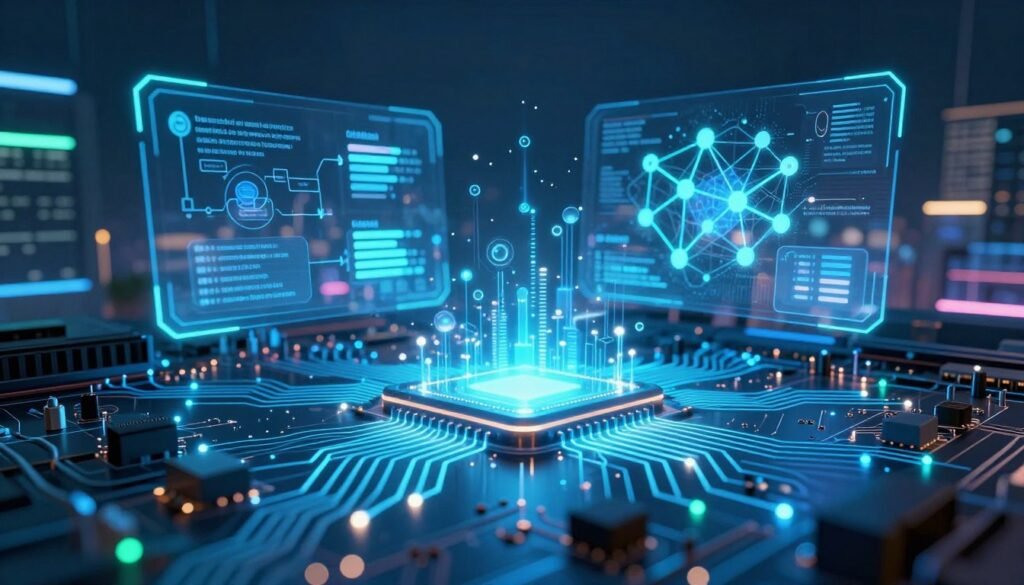 A conceptual illustration showcasing the technical functioning of AI agents. In the foreground, a circuit board with interconnected nodes and glowing pathways symbolizes data processing. The middle ground features holographic displays of algorithms and neural networks, creating a sense of dynamic interaction. The background includes a futuristic cityscape subtly illuminated by neon lights, representing advanced technology. The scene is bathed in cool blue tones with hints of green, evoking a high-tech atmosphere. Use a wide-angle lens perspective to emphasize depth and complexity. Soft, focused lighting highlights the intricacies of the circuit board and holograms, enhancing the overall sophistication of the image. The mood is innovative and forward-thinking, illustrating the remarkable capabilities of autonomous agents. A conceptual illustration showcasing the technical functioning of AI agents. In the foreground, a circuit board with interconnected nodes and glowing pathways symbolizes data processing. The middle ground features holographic displays of algorithms and neural networks, creating a sense of dynamic interaction. The background includes a futuristic cityscape subtly illuminated by neon lights, representing advanced technology. The scene is bathed in cool blue tones with hints of green, evoking a high-tech atmosphere. Use a wide-angle lens perspective to emphasize depth and complexity. Soft, focused lighting highlights the intricacies of the circuit board and holograms, enhancing the overall sophistication of the image. The mood is innovative and forward-thinking, illustrating the remarkable capabilities of autonomous agents.