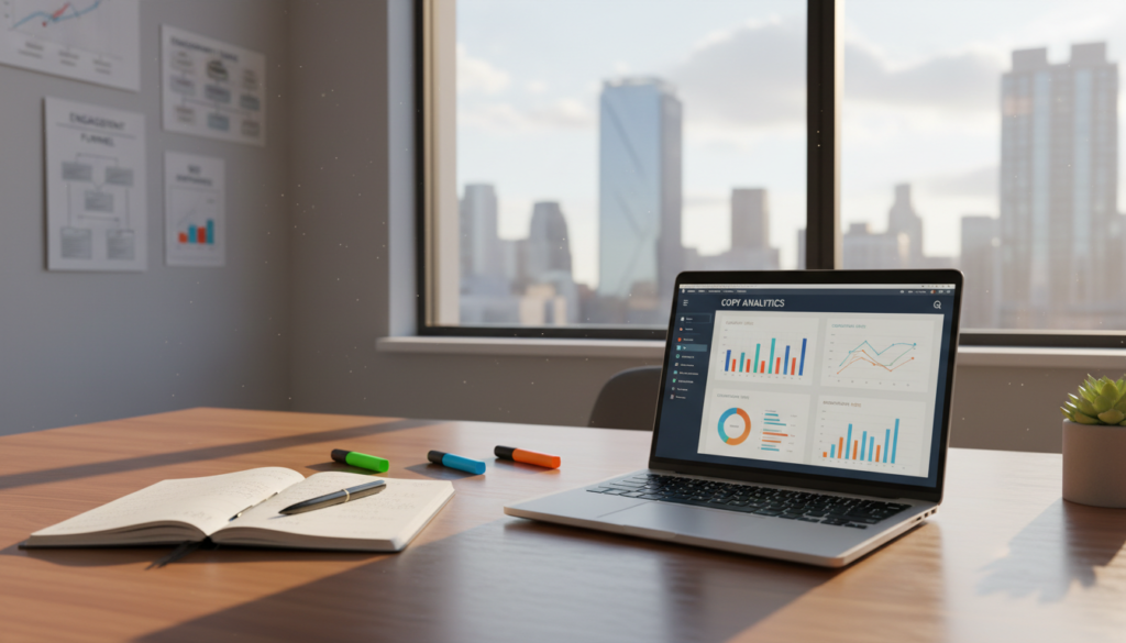 A detailed workspace scene illustrating the analysis of copywriting tools, featuring a sleek wooden desk with a laptop open to a vibrant dashboard displaying performance metrics. In the foreground, include a closed notebook with handwritten notes and a few colorful highlighters. The middle ground should showcase a modern office environment with a large window letting in soft, natural light, casting a warm glow. On the walls, there are charts and graphs depicting key performance formats in copywriting. In the background, a blurred view of a city skyline adds depth. The atmosphere is professional and focused, evoking a sense of productivity and strategic analysis. The lens is slightly wide to capture the essence of the workspace, while maintaining a clean and organized composition.