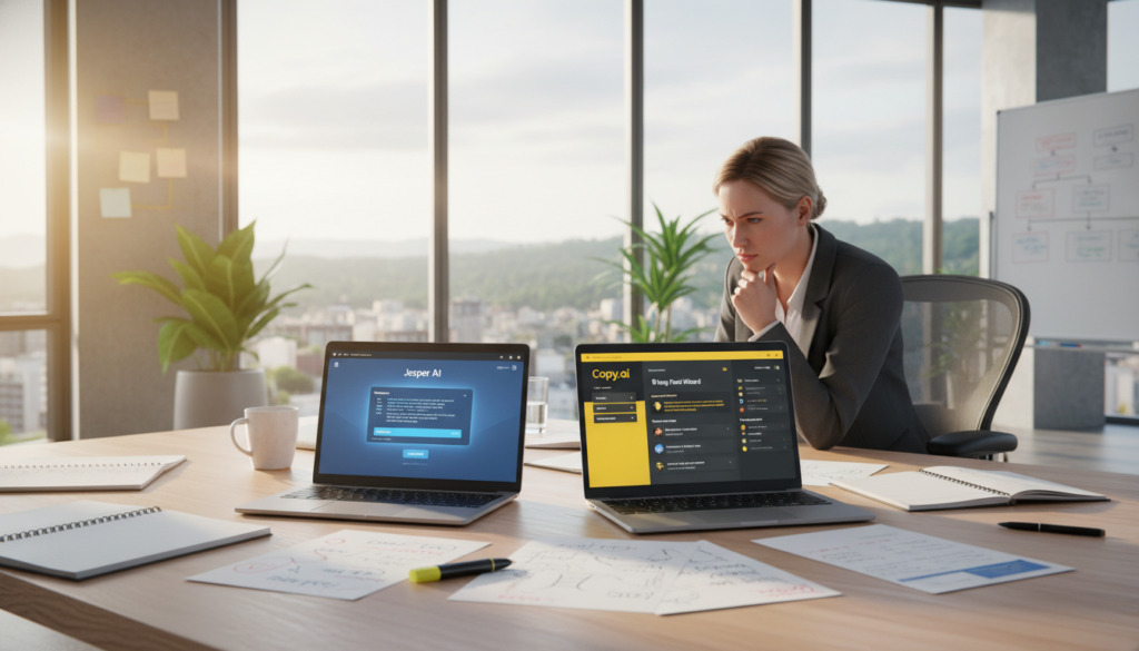 A dynamic and engaging composition depicting a workspace focused on copywriting tools. In the foreground, there are two laptops side by side, one displaying Jasper AI's interface, and the other showcasing Copy.ai's layout, each with distinct color schemes. Surrounding the laptops, there are scattered notepads filled with brainstorming ideas and highlighted keywords. In the middle ground, a professional in business attire analyzes the screens, deep in thought, with a thoughtful expression. The background features a bright, airy office with large windows allowing natural light to flood in, creating an optimistic atmosphere. The lighting is warm and inviting, emphasizing the focus on quality copywriting. Capture a sense of creativity and productivity in the overall mood.