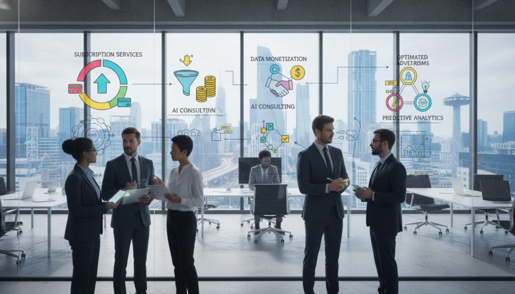 A dynamic business scene showcasing various AI profitability models. In the foreground, a diverse group of professionals in smart business attire, discussing and analyzing data on digital tablets and laptops. The middle ground features a large whiteboard filled with colorful graphs, charts, and icons representing different AI business models like subscription services, data monetization, and consulting. In the background, a modern and sleek office environment with large windows allowing natural light to flood in, offering a view of a bustling cityscape. The atmosphere is energetic and focused, conveying a sense of action and determination. The lighting is bright and motivational, emphasizing innovation and collaboration in the realm of AI business strategies.
