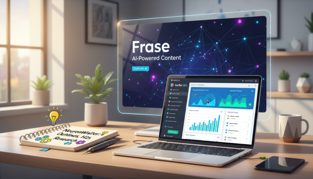 A dynamic digital illustration depicting three distinct SEO tools: Surfer SEO, NeuronWriter, and Frase. In the foreground, a sleek laptop showcases the Surfer SEO interface with vibrant graphs and keyword suggestions illuminated. Beside it, a notepad with handwritten notes representing NeuronWriter features, surrounded by colorful brainstorming icons. In the background, a blurred screen displays Frase's AI-powered content tool, emphasizing a futuristic design. The setting is a modern, minimalist workspace filled with soft, natural lighting that creates an inviting atmosphere. The overall mood is professional yet creative, capturing the essence of digital marketing and AI-driven solutions. A dynamic digital illustration depicting three distinct SEO tools: Surfer SEO, NeuronWriter, and Frase. In the foreground, a sleek laptop showcases the Surfer SEO interface with vibrant graphs and keyword suggestions illuminated. Beside it, a notepad with handwritten notes representing NeuronWriter features, surrounded by colorful brainstorming icons. In the background, a blurred screen displays Frase's AI-powered content tool, emphasizing a futuristic design. The setting is a modern, minimalist workspace filled with soft, natural lighting that creates an inviting atmosphere. The overall mood is professional yet creative, capturing the essence of digital marketing and AI-driven solutions.
