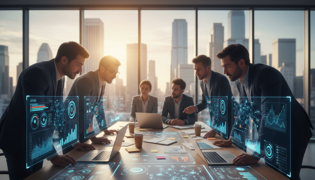 A dynamic office environment illustrating predictive analytics for identifying high-potential leads. In the foreground, a diverse group of professionals in business attire are intently examining digital screens filled with colorful data visualizations and graphs. The middle ground features a large, modern conference table with laptops and notepads scattered across it, implying teamwork and collaboration. The background showcases a sleek city skyline through large windows, bathed in warm, natural light that creates an inviting atmosphere. Use a wide-angle lens to capture the vibrant energy and focus within the room, enhancing the sense of urgency and innovation in lead generation through AI. The mood should convey optimism and technological advancement, emphasizing the importance of data in identifying valuable prospects.