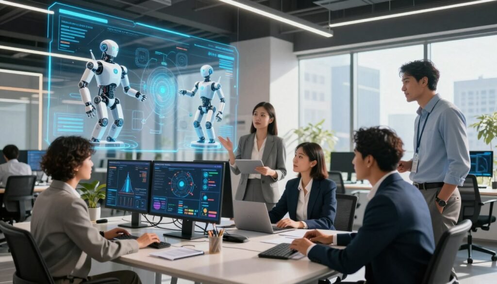 A dynamic office environment showcasing diverse professional agents using cutting-edge AI technology. In the foreground, a diverse group of business professionals in smart business attire, engaged in collaborative discussions around a digital dashboard displaying data visualizations and AI analytics. In the middle ground, holographic displays project 3D models of robotic agents and data flows, illustrating real-time interactions. The background features a modern workspace with sleek furniture, large windows allowing natural light to flood in, casting soft shadows, and a cityscape visible outside. The atmosphere is focused and innovative, emphasizing teamwork and the application of autonomous agents in a professional setting. The scene is captured with a slight low-angle shot to convey the significance of the technology, with vibrant colors highlighting the energetic work environment. A dynamic office environment showcasing diverse professional agents using cutting-edge AI technology. In the foreground, a diverse group of business professionals in smart business attire, engaged in collaborative discussions around a digital dashboard displaying data visualizations and AI analytics. In the middle ground, holographic displays project 3D models of robotic agents and data flows, illustrating real-time interactions. The background features a modern workspace with sleek furniture, large windows allowing natural light to flood in, casting soft shadows, and a cityscape visible outside. The atmosphere is focused and innovative, emphasizing teamwork and the application of autonomous agents in a professional setting. The scene is captured with a slight low-angle shot to convey the significance of the technology, with vibrant colors highlighting the energetic work environment.