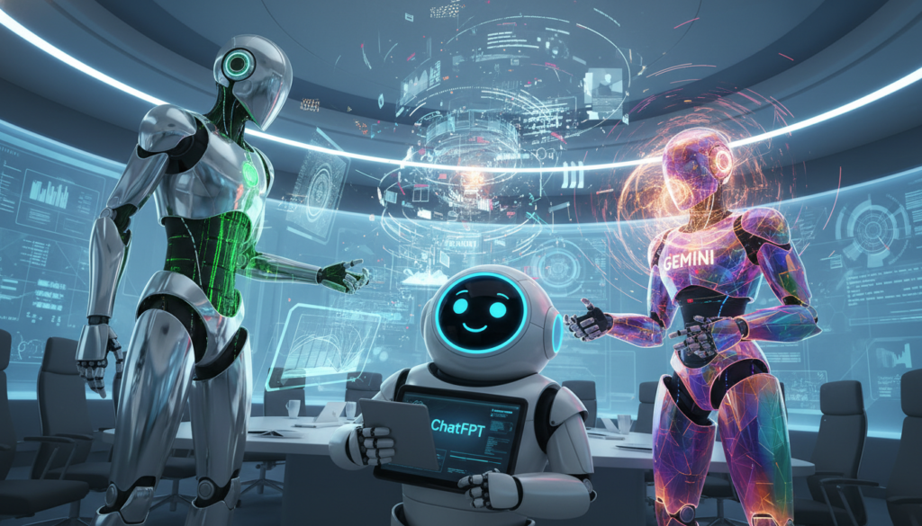 A dynamic scene depicting three AI entities, ChatGPT, Claude, and Gemini, personified as sleek, futuristic robots, facing each other in a professional debate. In the foreground, ChatGPT is represented as a friendly, approachable robot, with a glowing blue interface and a digital notebook. Claude stands tall with a sophisticated silver design, showcasing analytical features and data visualization tools. Gemini is vibrant with a colorful, innovative design, radiating energy and creativity. The middle ground features a digital interface with floating data streams and graphs representing features and capabilities. The background shows a high-tech conference room with soft blue lighting, creating an atmosphere of collaboration and innovation. The perspective is slightly tilted for dramatic effect, capturing the intensity of this AI showdown. A dynamic scene depicting three AI entities, ChatGPT, Claude, and Gemini, personified as sleek, futuristic robots, facing each other in a professional debate. In the foreground, ChatGPT is represented as a friendly, approachable robot, with a glowing blue interface and a digital notebook. Claude stands tall with a sophisticated silver design, showcasing analytical features and data visualization tools. Gemini is vibrant with a colorful, innovative design, radiating energy and creativity. The middle ground features a digital interface with floating data streams and graphs representing features and capabilities. The background shows a high-tech conference room with soft blue lighting, creating an atmosphere of collaboration and innovation. The perspective is slightly tilted for dramatic effect, capturing the intensity of this AI showdown.