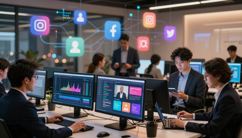 A futuristic, digital workspace focused on social media management, featuring an AI interface. In the foreground, a sleek workstation with high-tech screens displaying vibrant, visually engaging graphs and social media posts. The middle layer showcases a professional, diverse group of individuals, dressed in business attire, collaboratively discussing strategies with digital devices in hand. The background is filled with abstract representations of popular social media icons and interconnected data streams, glowing softly. Warm, ambient lighting creates a modern atmosphere, while a slight bokeh effect softens the background. The overall mood is dynamic and innovative, exemplifying the power of AI in automating content creation for social media.