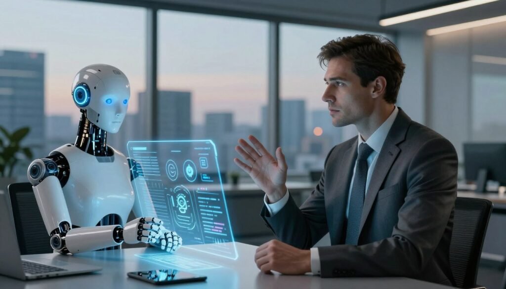A futuristic scene depicting two humanoid AI agents engaged in a serious discussion, set in a sleek, modern office environment. In the foreground, one agent, wearing a tailored business suit, gestures thoughtfully, while the other, clad in minimalist attire with glowing accents, analyzes data projected on a holographic screen. The middle ground features advanced technology like floating interface panels displaying charts and ethics-related icons. The background reveals large windows showcasing a cityscape at dusk, with soft blue and orange lighting casting a professional yet contemplative ambiance. The overall mood is one of introspection, highlighting the ethical boundaries and challenges faced by autonomous systems. The image should convey sophistication and a hint of tension, emphasizing the critical conversation between technology and morality. A futuristic scene depicting two humanoid AI agents engaged in a serious discussion, set in a sleek, modern office environment. In the foreground, one agent, wearing a tailored business suit, gestures thoughtfully, while the other, clad in minimalist attire with glowing accents, analyzes data projected on a holographic screen. The middle ground features advanced technology like floating interface panels displaying charts and ethics-related icons. The background reveals large windows showcasing a cityscape at dusk, with soft blue and orange lighting casting a professional yet contemplative ambiance. The overall mood is one of introspection, highlighting the ethical boundaries and challenges faced by autonomous systems. The image should convey sophistication and a hint of tension, emphasizing the critical conversation between technology and morality.