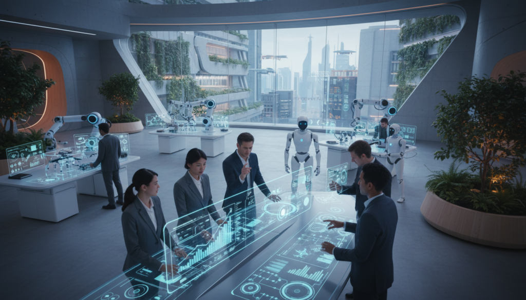 A futuristic workspace showcasing technological innovation and intelligent automation. In the foreground, a diverse group of professionals in business attire, collaborating over digital screens displaying data analytics and automation processes. The middle ground features advanced robotics and AI interfaces interacting seamlessly with human workers, emphasizing collaboration. The background showcases a modern office environment with large windows and greenery, symbolizing growth and innovation. Soft, ambient lighting illuminates the scene, creating an inspiring and productive atmosphere. The perspective is slightly tilted upward to highlight the dynamic exchange of ideas and technology. Overall, the image conveys a sense of optimism and progress in the realm of automation. A futuristic workspace showcasing technological innovation and intelligent automation. In the foreground, a diverse group of professionals in business attire, collaborating over digital screens displaying data analytics and automation processes. The middle ground features advanced robotics and AI interfaces interacting seamlessly with human workers, emphasizing collaboration. The background showcases a modern office environment with large windows and greenery, symbolizing growth and innovation. Soft, ambient lighting illuminates the scene, creating an inspiring and productive atmosphere. The perspective is slightly tilted upward to highlight the dynamic exchange of ideas and technology. Overall, the image conveys a sense of optimism and progress in the realm of automation.