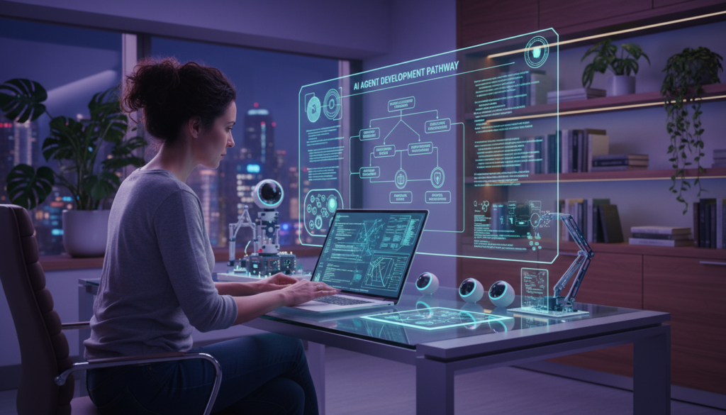 A futuristic workspace with a sleek design, showcasing a professional tutor engaged in creating an AI agent. In the foreground, the tutor, dressed in smart casual attire, is focused on a high-tech laptop displaying vibrant code and diagrams. The middle ground features a large, interactive digital screen highlighting a step-by-step flowchart for AI development, surrounded by various tech gadgets like smart sensors and robotic components. The background is softly illuminated with ambient lighting, enhancing the high-tech atmosphere, while shelves filled with AI literature and potted plants create a welcoming yet innovative space. The overall mood is inspiring and educational, encouraging viewers to envision their own journey in AI creation.