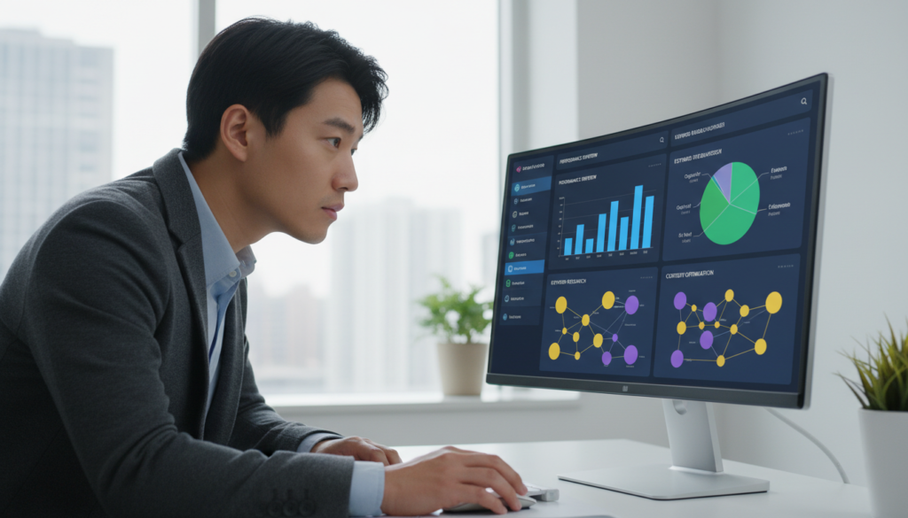 A modern SEO analysis tool interface displayed on a sleek computer screen, showcasing a vibrant and dynamic dashboard filled with colorful graphs, charts, and keyword analysis metrics. In the foreground, a focused individual in professional business attire, a young adult male or female, is engaged and intently observing the screen. The background features a minimalist office space with soft, natural lighting streaming through large windows, creating a bright and uplifting atmosphere. The scene is viewed from a slight angle to capture both the monitor's content and the person's expression of concentration. The mood is professional yet accessible, emphasizing innovation in content creation and semantic analysis through AI. A modern SEO analysis tool interface displayed on a sleek computer screen, showcasing a vibrant and dynamic dashboard filled with colorful graphs, charts, and keyword analysis metrics. In the foreground, a focused individual in professional business attire, a young adult male or female, is engaged and intently observing the screen. The background features a minimalist office space with soft, natural lighting streaming through large windows, creating a bright and uplifting atmosphere. The scene is viewed from a slight angle to capture both the monitor's content and the person's expression of concentration. The mood is professional yet accessible, emphasizing innovation in content creation and semantic analysis through AI.