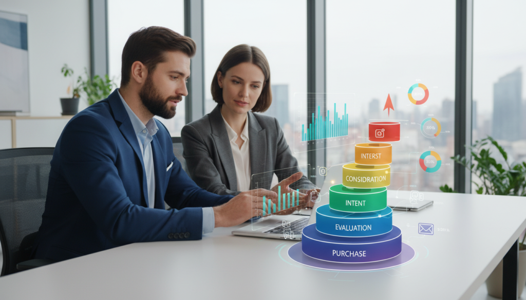 A modern and sleek digital workspace featuring a professional man and woman collaborating on a laptop, both dressed in smart business attire. In the foreground, display a detailed graphical representation of a smart sales funnel, with vibrant colors illustrating various stages of lead generation. In the middle, include graphs and charts showcasing data analytics related to customer engagement. The background should depict a contemporary office environment with large windows allowing natural light to flow in, creating a bright and inviting atmosphere. Use a slightly elevated perspective to convey depth, and focus on capturing a sense of innovation, teamwork, and productivity, ensuring a professional and inspiring mood throughout the image.