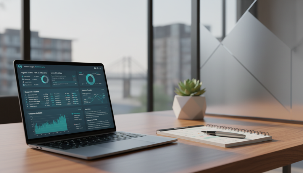 A modern digital workspace showcasing advanced SEO tools. In the foreground, a sleek laptop displays graphs and keyword analytics on the screen, reflecting the performance metrics of various SEO solutions. Beside the laptop, a notepad filled with strategic notes and a high-end pen sit on a polished wooden desk. The middle ground features a stylish plant and a frosted glass divider adding a touch of professionalism. In the background, a large window lets in soft natural light, creating a warm atmosphere, while cityscape views are subtly visible. The scene should evoke a sense of innovation and efficiency in SEO strategy, utilizing a shallow depth of field to focus on the tools. A modern digital workspace showcasing advanced SEO tools. In the foreground, a sleek laptop displays graphs and keyword analytics on the screen, reflecting the performance metrics of various SEO solutions. Beside the laptop, a notepad filled with strategic notes and a high-end pen sit on a polished wooden desk. The middle ground features a stylish plant and a frosted glass divider adding a touch of professionalism. In the background, a large window lets in soft natural light, creating a warm atmosphere, while cityscape views are subtly visible. The scene should evoke a sense of innovation and efficiency in SEO strategy, utilizing a shallow depth of field to focus on the tools.