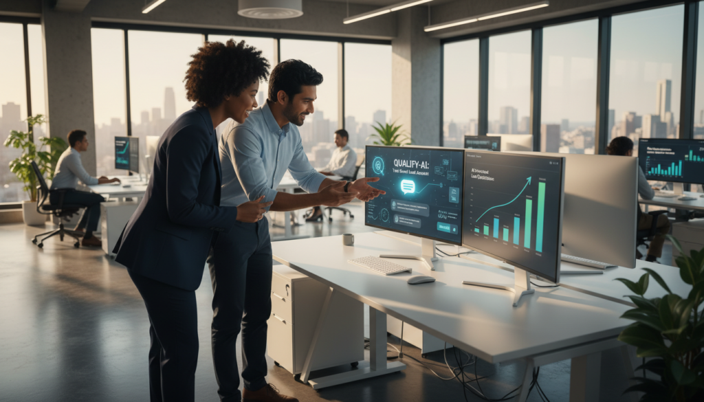 A modern office environment showcasing an AI chatbot interface on a sleek computer screen. In the foreground, a diverse group of professionals in business attire, a woman and a man, are actively discussing the chatbot's capabilities, pointing towards the screen with excitement. In the middle ground, multiple monitors display colorful graphs and analytics indicating lead generation performance in real time. The background features a contemporary office design with large windows that allow natural light to flood the room, creating a bright and engaging atmosphere. The image should have a warm, collaborative mood, representing innovation and efficiency in marketing techniques for lead qualification through AI technology.