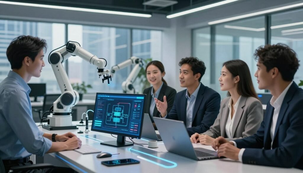 A modern office environment showcasing the theme of "AI technology in automation." In the foreground, a diverse group of professionals dressed in smart business attire gathers around a sleek, futuristic table equipped with digital screens displaying flowcharts and data analytics. Their engaging expressions and gestures signify collaboration. In the middle background, robotic arms delicately handle various tools, symbolizing advanced automation processes. Soft, ambient lighting illuminates the space, creating a productive and optimistic atmosphere. The background features large windows revealing a bustling cityscape, suggesting innovation and growth. Use a shallow depth of field to emphasize the professionals and technology in the foreground, capturing a sense of strategic advantage and modernity.