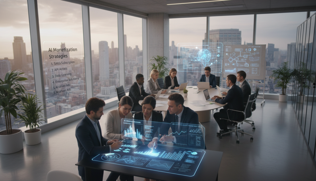 A modern office environment showcasing various strategies for AI monetization. In the foreground, a diverse group of professionals in business attire collaborate over a digital tablet displaying graphs and AI-related data. In the middle ground, an elegant conference table is surrounded by laptops, research papers, and AI concept visuals like neural networks and algorithms. The background features large windows with a city skyline, suggesting a thriving business atmosphere. Soft, natural lighting illuminates the scene, creating a vibrant yet focused mood. The camera angle is slightly elevated, capturing the dynamics of teamwork and innovation. The overall atmosphere conveys professionalism, creativity, and long-term success in AI business models.