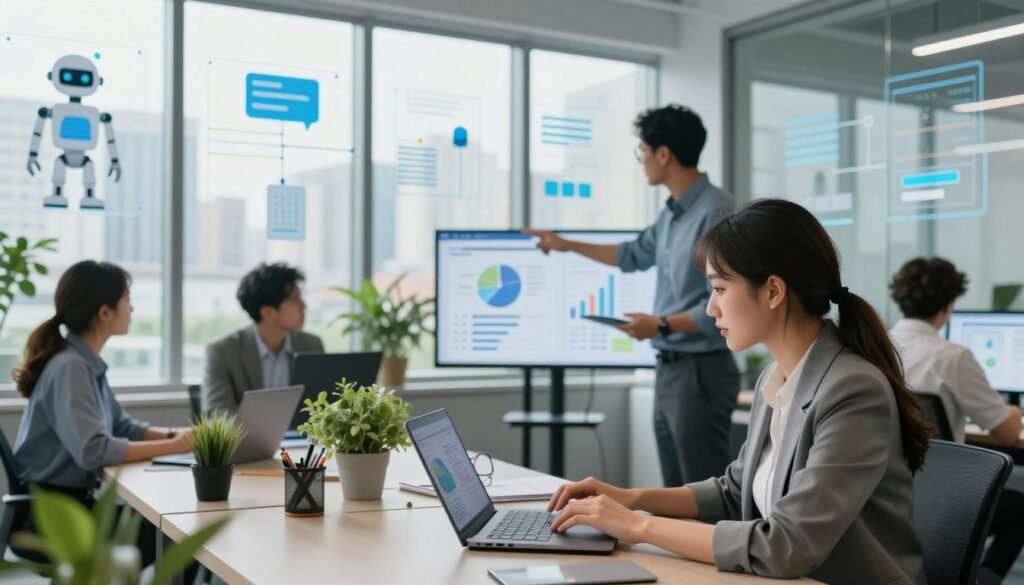 A modern office environment with a diverse team of professionals engaged in automated marketing strategies. In the foreground, a young woman in business attire analyzes data on a sleek laptop, while a man gestures towards an interactive screen displaying charts and leads in real-time. The middle ground features a large, bright window with a cityscape view, showcasing motivative greenery outside, symbolizing growth. The background consists of strategically placed digital marketing tools like chatbots and workflow diagrams projected on glass walls. Soft, natural lighting enhances the collaborative atmosphere, with a slight lens blur on the cityscape to emphasize the detailed actions of the professionals. The overall mood is energetic and focused, suggesting innovation and efficiency in lead nurturing and commercial prospecting automation.