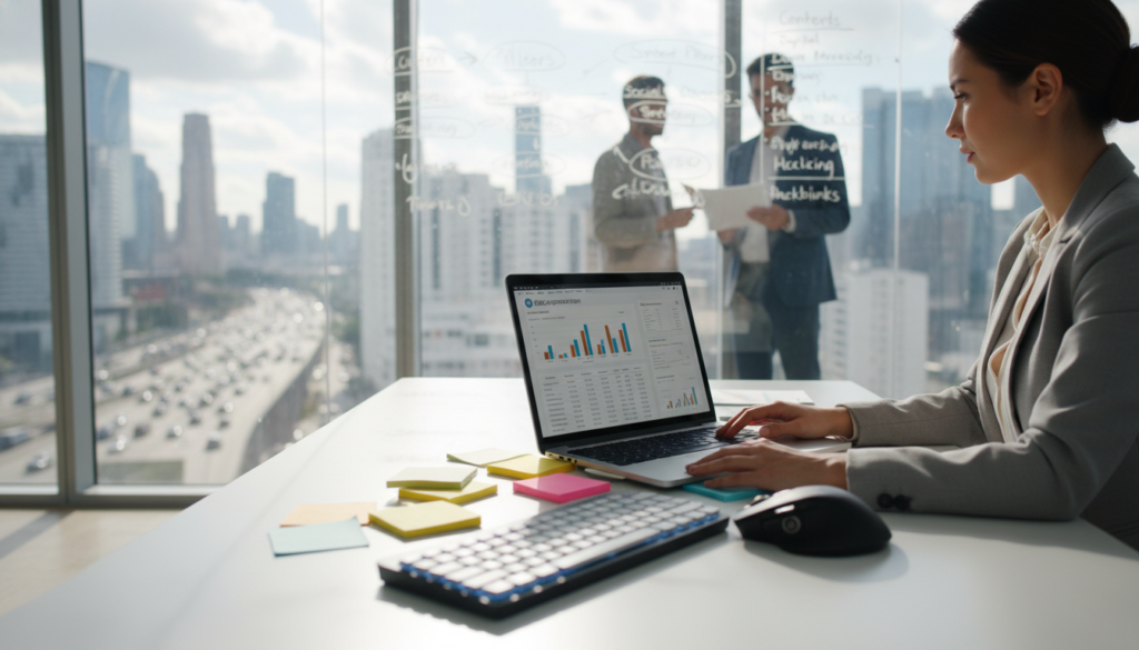 A modern office environment with a focus on digital productivity. In the foreground, a sleek, minimalistic desk with an open laptop displaying SEO analytics, charts, and graphs. A smartly dressed professional woman is intently reviewing the data, surrounded by colorful sticky notes and a keyboard lit with a soft blue hue. In the middle, a whiteboard filled with brainstorming ideas, keywords, and content strategies. The background features large windows through which natural light floods in, showcasing a bustling cityscape. The atmosphere is one of focus and innovation, conveying a sense of collaboration and productivity in the digital age. Bright and uplifting lighting, shot with a shallow depth of field to emphasize the subject's engagement with the workspace. A modern office environment with a focus on digital productivity. In the foreground, a sleek, minimalistic desk with an open laptop displaying SEO analytics, charts, and graphs. A smartly dressed professional woman is intently reviewing the data, surrounded by colorful sticky notes and a keyboard lit with a soft blue hue. In the middle, a whiteboard filled with brainstorming ideas, keywords, and content strategies. The background features large windows through which natural light floods in, showcasing a bustling cityscape. The atmosphere is one of focus and innovation, conveying a sense of collaboration and productivity in the digital age. Bright and uplifting lighting, shot with a shallow depth of field to emphasize the subject's engagement with the workspace.