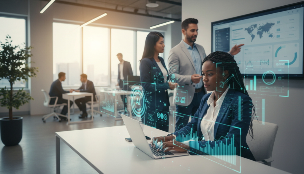 A modern office setting featuring a diverse group of professionals engaged in cold email prospecting. In the foreground, a focused woman in business attire is typing on a laptop, surrounded by digital data visualizations and graphs that symbolize AI-driven lead generation. In the middle, a confident man is discussing strategies with his colleagues, pointing at a large screen showcasing an email marketing dashboard. The background reveals a sleek, brightly lit office with large windows allowing natural light to pour in, creating a vibrant atmosphere. The mood is energetic and collaborative, emphasizing innovation in business. The composition should be framed with a slight angle to give depth, capturing both the teamwork and technology involved in modern prospecting methods.