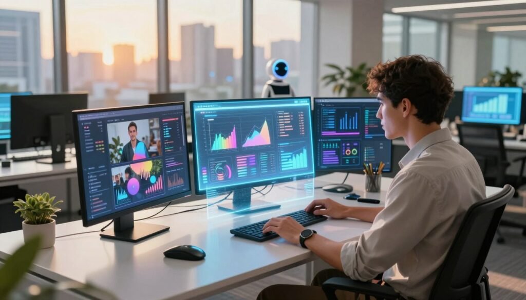 A modern office setting filled with vibrant digital elements representing artificial intelligence and content creation. In the foreground, a professional individual wearing smart casual attire is seated at a sleek desk, engaged with a holographic interface displaying graphs, text, and multimedia content ideas. The middle ground features an array of AI-driven tools, such as glowing screens and virtual assistants, showing data analysis and creative suggestions. In the background, large windows illuminate the space with warm natural light, reflecting a futuristic cityscape. The atmosphere is dynamic and innovative, emphasizing productivity and the seamless integration of AI in content optimization, captured from a slightly elevated angle to provide depth to the scene.