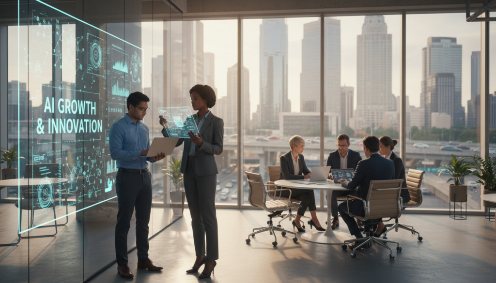 A modern office setting showing a diverse group of professionals collaborating on AI-driven business models. In the foreground, a confident woman in a tailored suit stands presenting a digital tablet, while a man in business attire analyzes data on a laptop. In the middle ground, a large screen displays dynamic graphs and AI-related visuals, highlighting growth and innovation. The background features glass windows revealing a vibrant city skyline, symbolizing opportunity. Soft, natural lighting filters through, creating a bright and optimistic atmosphere. The angle captures the teamwork and modernity of a bustling tech-driven environment, emphasizing creativity and ambition in developing profitable AI business strategies.