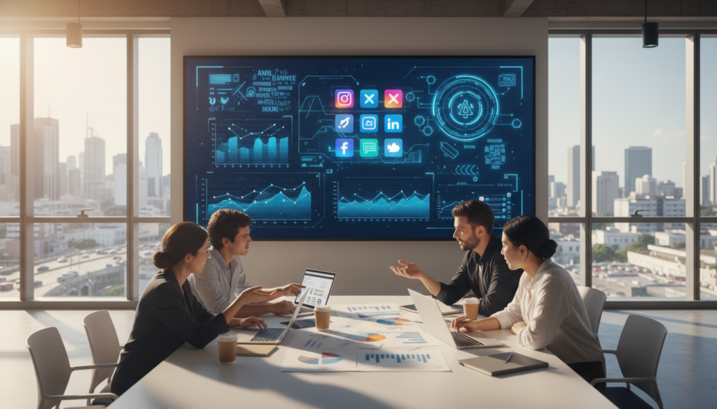 A modern office space filled with digital marketing tools and an online entrepreneurship atmosphere. In the foreground, a diverse group of professionals in smart casual attire are engaged in a brainstorming session, analyzing graphs and data on laptops and tablets. The middle layer features a large digital screen displaying various social media icons, website analytics, and artificial intelligence tools. In the background, a bright window reveals a bustling city skyline, symbolizing innovation and opportunities. The lighting is warm and inviting, with sunlight streaming in, creating a dynamic and productive ambiance. The scene conveys collaboration, creativity, and the integration of digital tools into marketing strategies. A modern office space filled with digital marketing tools and an online entrepreneurship atmosphere. In the foreground, a diverse group of professionals in smart casual attire are engaged in a brainstorming session, analyzing graphs and data on laptops and tablets. The middle layer features a large digital screen displaying various social media icons, website analytics, and artificial intelligence tools. In the background, a bright window reveals a bustling city skyline, symbolizing innovation and opportunities. The lighting is warm and inviting, with sunlight streaming in, creating a dynamic and productive ambiance. The scene conveys collaboration, creativity, and the integration of digital tools into marketing strategies.